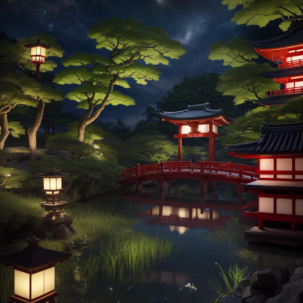  masterpiece, best quality,(fidelity: 1.4), best quality, masterpiece, ultra high resolution, 8k resolution, night view inspired by Japanese art, featuring a garden illuminated by paper lanterns and a wooden bridge spanning a tranquil lake with a small Zen temple by the lake. The water reflects the stars.