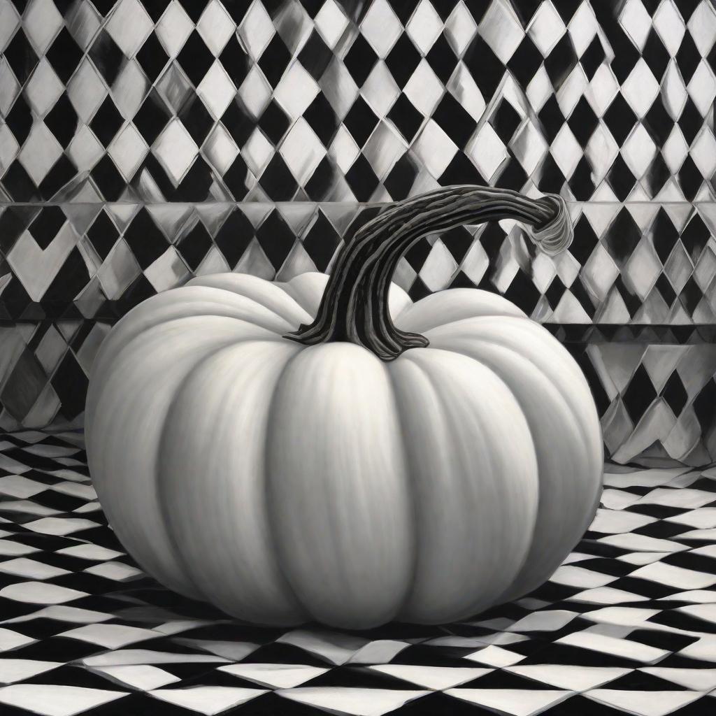  VERY SMALL DARK EMPTY ROOM. EMPTY DARK WALL. WHITE CREATED FABRIC LYING ON THE FLOOR WITH A BLACK AND WHITE CHECKED PATTERN. THERE IS A HUGE PUMPKIN ON WHITE CREATED FABRIC., realistic, portrait, art by donato giancola and greg rutkowski, realistic face, digital art, trending on artstation hyperrealistic, full body, detailed clothing, highly detailed, cinematic lighting, stunningly beautiful, intricate, sharp focus, f/1. 8, 85mm, (centered image composition), (professionally color graded), ((bright soft diffused light)), volumetric fog, trending on instagram, trending on tumblr, HDR 4K, 8K