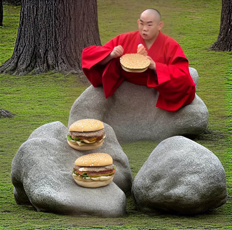  monje shaolin comiendo hamburguesa sentado en posición de loto encima de una piedra en medio del bosque