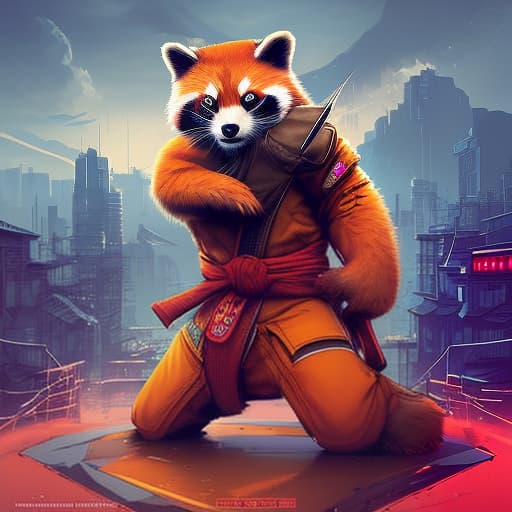 nvinkpunk Red panda karate master hyperrealistic, full body, detailed clothing, highly detailed, cinematic lighting, stunningly beautiful, intricate, sharp focus, f/1. 8, 85mm, (centered image composition), (professionally color graded), ((bright soft diffused light)), volumetric fog, trending on instagram, trending on tumblr, HDR 4K, 8K