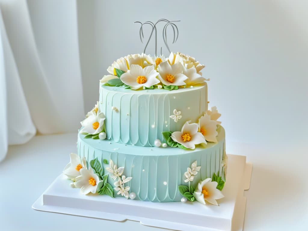  A beautifully decorated threetiered fondant cake, showcasing intricate lacelike designs, delicate sugar flowers in pastel colors, and shimmering edible pearls. The cake sits on a sleek, white cake stand against a softfocus background, highlighting the craftsmanship and artistry of advanced fondant decoration techniques. hyperrealistic, full body, detailed clothing, highly detailed, cinematic lighting, stunningly beautiful, intricate, sharp focus, f/1. 8, 85mm, (centered image composition), (professionally color graded), ((bright soft diffused light)), volumetric fog, trending on instagram, trending on tumblr, HDR 4K, 8K