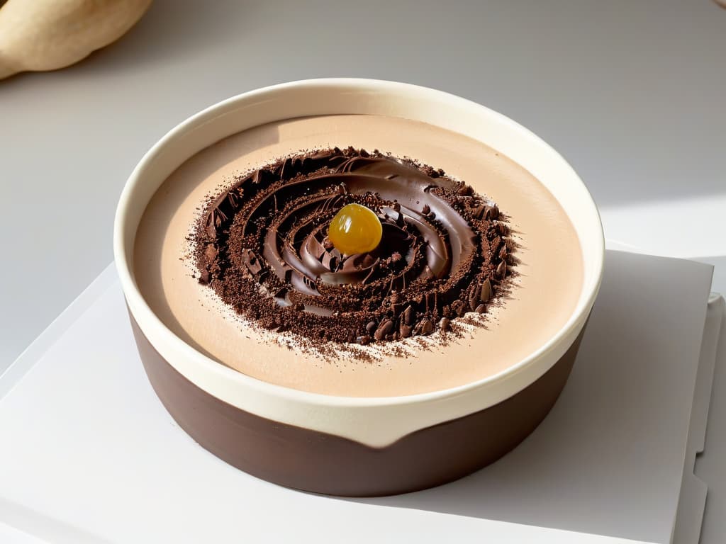  A closeup, ultradetailed image of a beautifully crafted, minimalist white ceramic bowl filled with a rich and creamy chocolate ashwagandha mousse. The velvety texture of the mousse is emphasized by the soft natural light that gently illuminates the dessert, highlighting the delicate swirls on its surface. The glossy finish of the mousse contrasts elegantly with the matte surface of the bowl, creating a visually striking and appetizing composition. hyperrealistic, full body, detailed clothing, highly detailed, cinematic lighting, stunningly beautiful, intricate, sharp focus, f/1. 8, 85mm, (centered image composition), (professionally color graded), ((bright soft diffused light)), volumetric fog, trending on instagram, trending on tumblr, HDR 4K, 8K