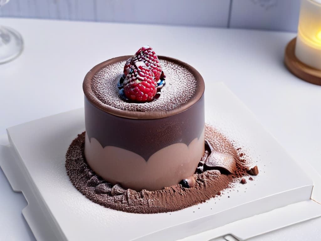  A closeup, ultradetailed image of a decadent chocolate mousse served in a delicate glass cup, topped with a single fresh raspberry and a dusting of cocoa powder. The reflection of the mousse can be seen on the glossy surface of the table below, capturing every tiny detail of the rich, creamy texture and enticing presentation. hyperrealistic, full body, detailed clothing, highly detailed, cinematic lighting, stunningly beautiful, intricate, sharp focus, f/1. 8, 85mm, (centered image composition), (professionally color graded), ((bright soft diffused light)), volumetric fog, trending on instagram, trending on tumblr, HDR 4K, 8K