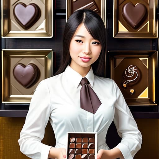  Attractive Beautiful young modern Asian girl dressed in a business suit with moist parted lips. Foreground is plates of fine dark chocolates. Background is an exclusive Asian restaurant . Painting style of Edgar Degas