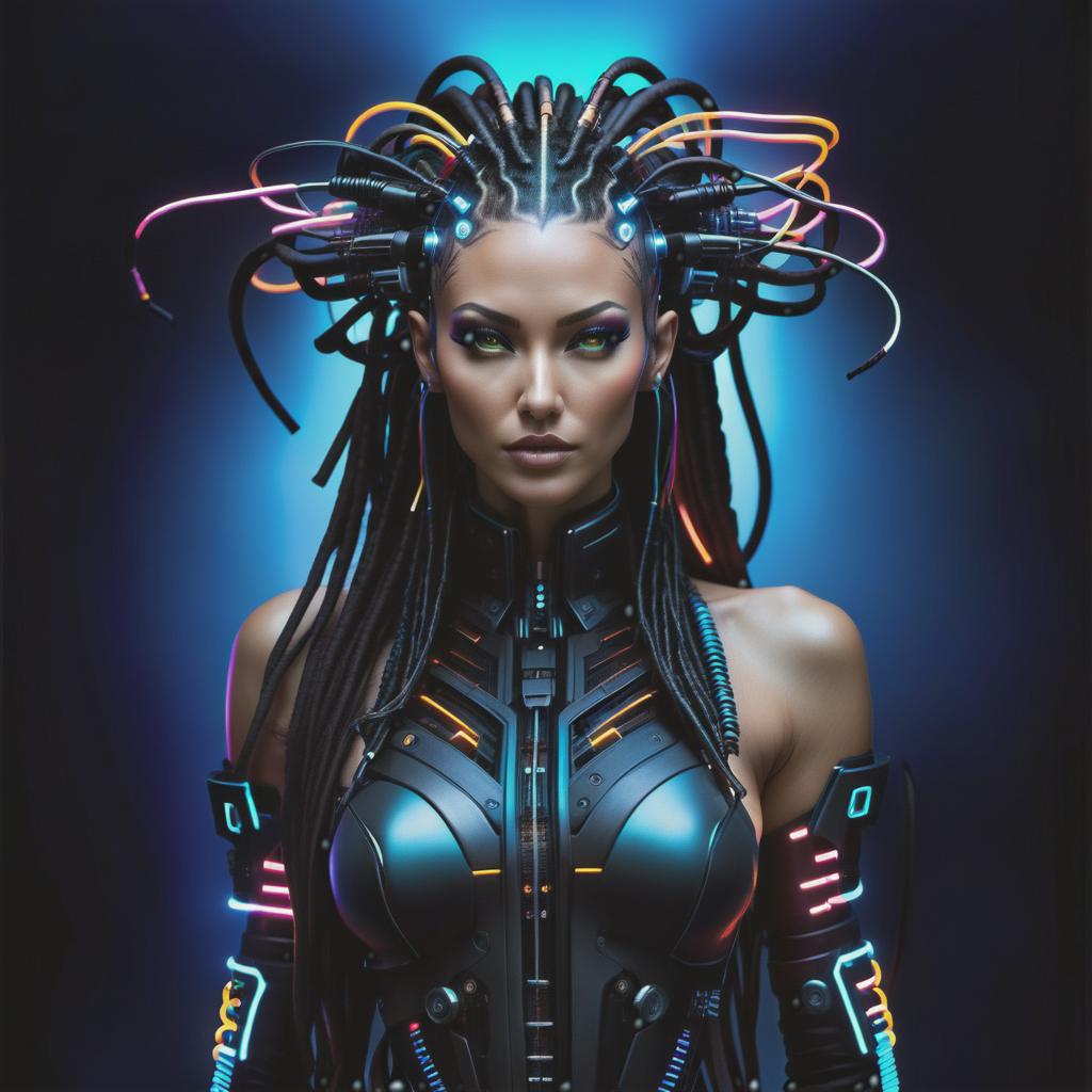  cyberpunk game style A cybernetic woman with multiple bundles of wires on her head, replacing her hair and resembling dreadlocks. . neon, dystopian, futuristic, digital, vibrant, detailed, high contrast, reminiscent of cyberpunk genre video games hyperrealistic, full body, detailed clothing, highly detailed, cinematic lighting, stunningly beautiful, intricate, sharp focus, f/1. 8, 85mm, (centered image composition), (professionally color graded), ((bright soft diffused light)), volumetric fog, trending on instagram, trending on tumblr, HDR 4K, 8K