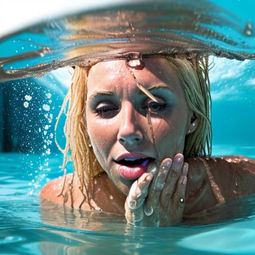  tanned blonde woman sinking and drowning in the water she's panic the water is up to her nose