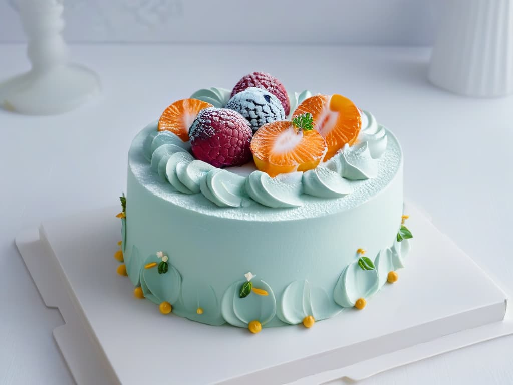  A sleek, minimalistic image featuring a closeup shot of a beautifully decorated modern pastry, showcasing intricate piping work and delicate edible decorations in soft pastel colors on a pristine white plate. hyperrealistic, full body, detailed clothing, highly detailed, cinematic lighting, stunningly beautiful, intricate, sharp focus, f/1. 8, 85mm, (centered image composition), (professionally color graded), ((bright soft diffused light)), volumetric fog, trending on instagram, trending on tumblr, HDR 4K, 8K