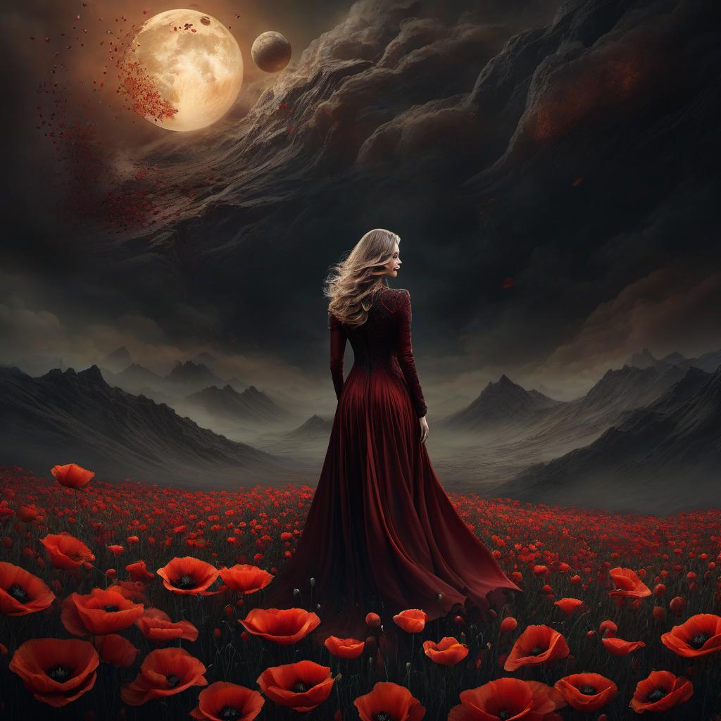  fantasy world, woman, her hair fluttering in poppies against an earth tones, dark background. Created using: surreal digital art, traditional texture emulation, detailed botanical elements, smoky gradients, interplay of light and shadow, vivid depiction of contrast between warm and cold, symbolic representation of nature and understanding, HD quality, natural look. hyperrealistic, full body, detailed clothing, highly detailed, cinematic lighting, stunningly beautiful, intricate, sharp focus, f/1. 8, 85mm, (centered image composition), (professionally color graded), ((bright soft diffused light)), volumetric fog, trending on instagram, trending on tumblr, HDR 4K, 8K