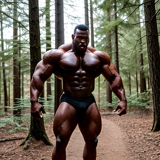  A massively muscled black werewolf standing in a forest