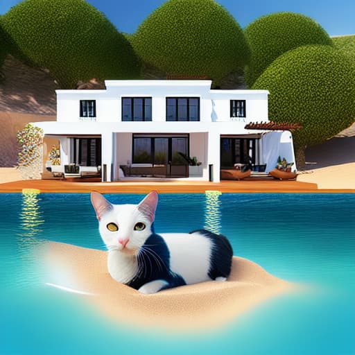  Create a beautiful villa on the beach with a cat, mini goat and an angel with white feathers