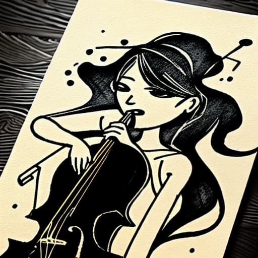  Abstract ink drawing of a girl in a long gown playing a cello on a Taiwan business card.