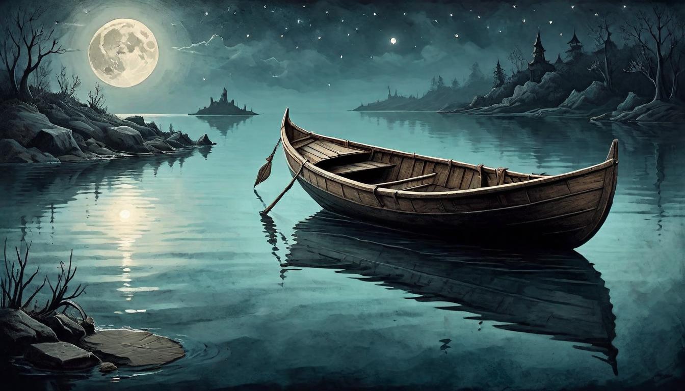  on parchment, surrealism+++, Small wooden boat afloat in dark moonlit waters, calm reflection of the moonlight breaking on the surface, sense of solitude, quiet confidence(mysterious, provocative, symbolic,muted color)+++