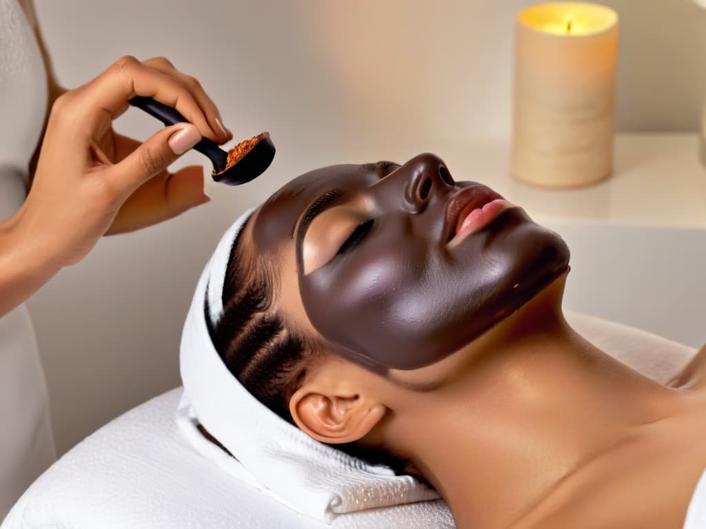  A minimalist, highresolution image of a serene spa setting with a sleek, modern design featuring a luxurious chocolate facial mask being applied to a person's face. The background is a soft, neutral color palette to emphasize the indulgent and calming atmosphere of the chocolaterapia experience. The focus is on the elegant simplicity and sophistication of incorporating chocolate into beauty and wellness routines, evoking a sense of pampering and selfcare. hyperrealistic, full body, detailed clothing, highly detailed, cinematic lighting, stunningly beautiful, intricate, sharp focus, f/1. 8, 85mm, (centered image composition), (professionally color graded), ((bright soft diffused light)), volumetric fog, trending on instagram, trending on tumblr, HDR 4K, 8K