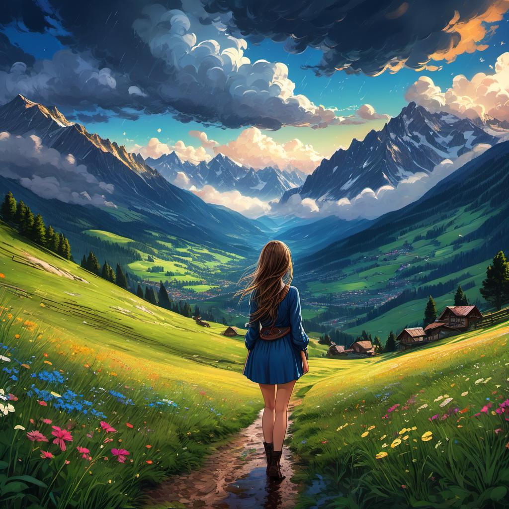  European girl, The view from behind, on the Alpine meadow, after rain , clouds, vivid, highly detailed, anime style, hand-drawn, combined with digital art, night, whimsical, (enchanting atmosphere:1.1), warm lighting , depth of field, Wacom Cintiq, Adobe Photoshop, 300 DPI, (hdr:1.2), dark perple shadows