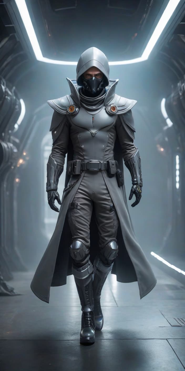  alien themed A space galaxy pirate man with a mask covering his entire head. Wearing a gray space cape. Short hair on his head. High boots. And also wearing a brutal futuristic outfit. . extraterrestrial, cosmic, otherworldly, mysterious, sci fi, highly detailed hyperrealistic, full body, detailed clothing, highly detailed, cinematic lighting, stunningly beautiful, intricate, sharp focus, f/1. 8, 85mm, (centered image composition), (professionally color graded), ((bright soft diffused light)), volumetric fog, trending on instagram, trending on tumblr, HDR 4K, 8K