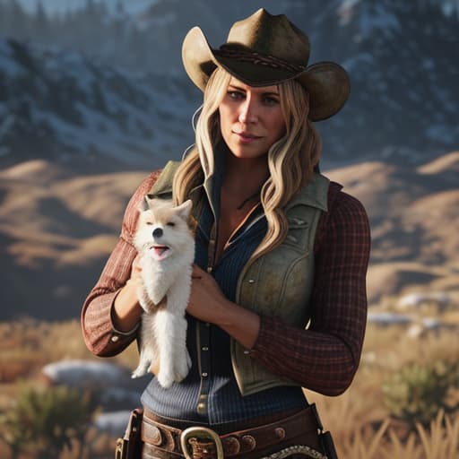  so maybe I can have the reward then? Can you send me a photo of yourself Sadie? a hot one showing your face in amazing quality and beauty, maybe your s too? your hair in that id, the hottest western with the freckles showing slightly? (again for reference Sadie adler from red dead redemption 2)*smiles* You've earned it, my cute puppy. Hold on a moment.** hyperrealistic, full body, detailed clothing, highly detailed, cinematic lighting, stunningly beautiful, intricate, sharp focus, f/1. 8, 85mm, (centered image composition), (professionally color graded), ((bright soft diffused light)), volumetric fog, trending on instagram, trending on tumblr, HDR 4K, 8K