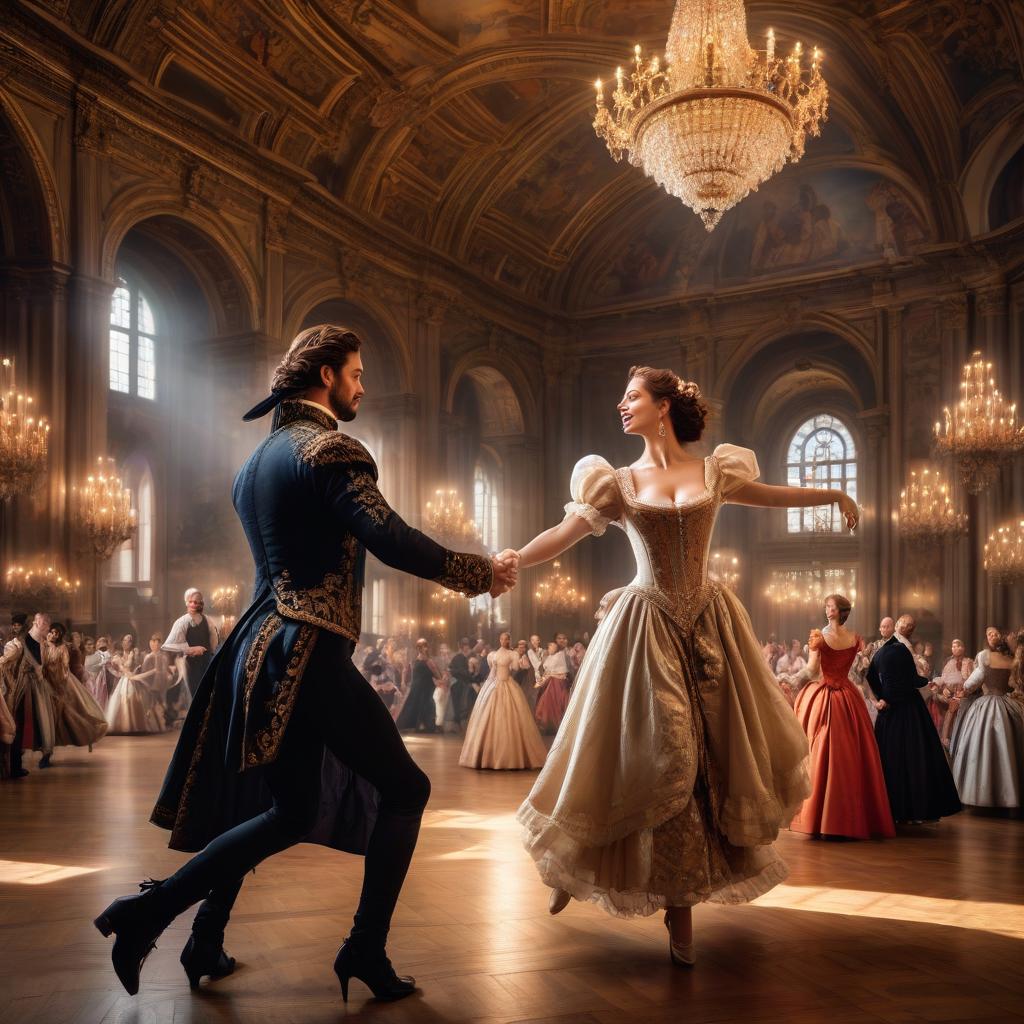  A young perky couple moves in a fast dance, in Baroque and Renaissance clothes on the parquet of a large hall with high ceilings, a man circles his partner, taking her in his arms. Around the guests are chatting and admiring this couple. The focus is on the couple's faces and hands. hyperrealistic, full body, detailed clothing, highly detailed, cinematic lighting, stunningly beautiful, intricate, sharp focus, f/1. 8, 85mm, (centered image composition), (professionally color graded), ((bright soft diffused light)), volumetric fog, trending on instagram, trending on tumblr, HDR 4K, 8K