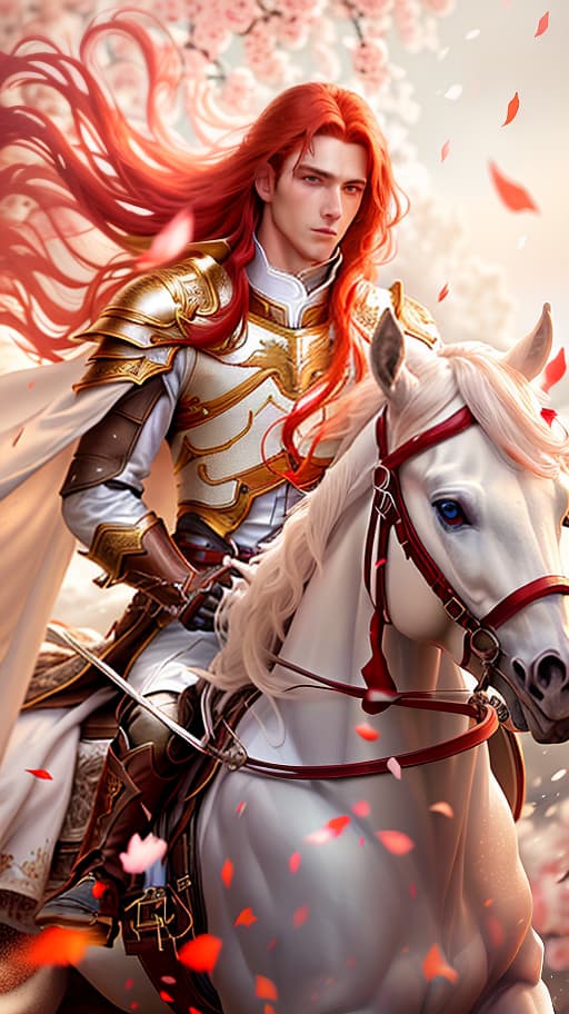  A young, slim boy with long, red hair riding a white horse in white armor. Fantasy art. hyperrealistic, full body, detailed clothing, highly detailed, cinematic lighting, stunningly beautiful, intricate, sharp focus, f/1. 8, 85mm, (centered image composition), (professionally color graded), ((bright soft diffused light)), volumetric fog, trending on instagram, trending on tumblr, HDR 4K, 8K