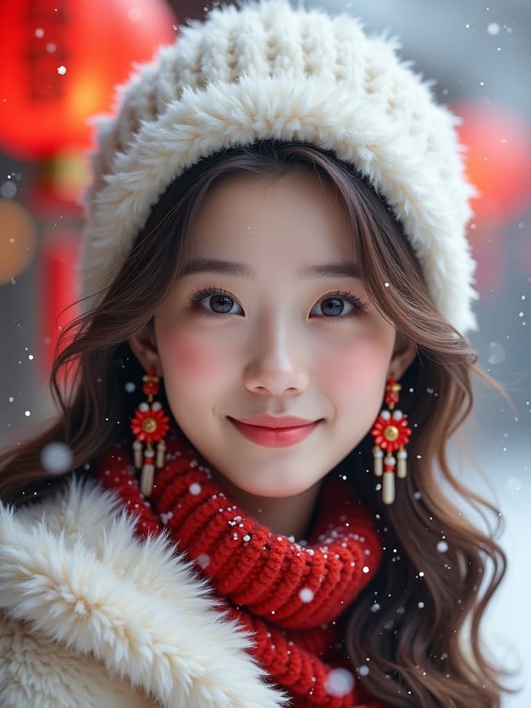  high definition, realistic portrait of a young woman with a soft and inviting expression. her eyes are large and full of light, highlighted with subtle makeup. her cheeks have a natural rosy flush, complementing her gentle smile. her hair, a cascade of wavy locks, is partially covered by a fluffy white hat, indicative of a chilly winter day. she wears elegant, traditional red earrings with intricate floral designs that dangle gracefully. the woman is dressed in a cozy, white winter garment that suggests warmth and comfort, with a hint of a red outfit underneath. snowflakes gently fall around her, adding to the serene winter atmosphere. red lanterns hang in the background, glowing softly amidst the snow, enhancing the festive mood. the overa hyperrealistic, full body, detailed clothing, highly detailed, cinematic lighting, stunningly beautiful, intricate, sharp focus, f/1. 8, 85mm, (centered image composition), (professionally color graded), ((bright soft diffused light)), volumetric fog, trending on instagram, trending on tumblr, HDR 4K, 8K