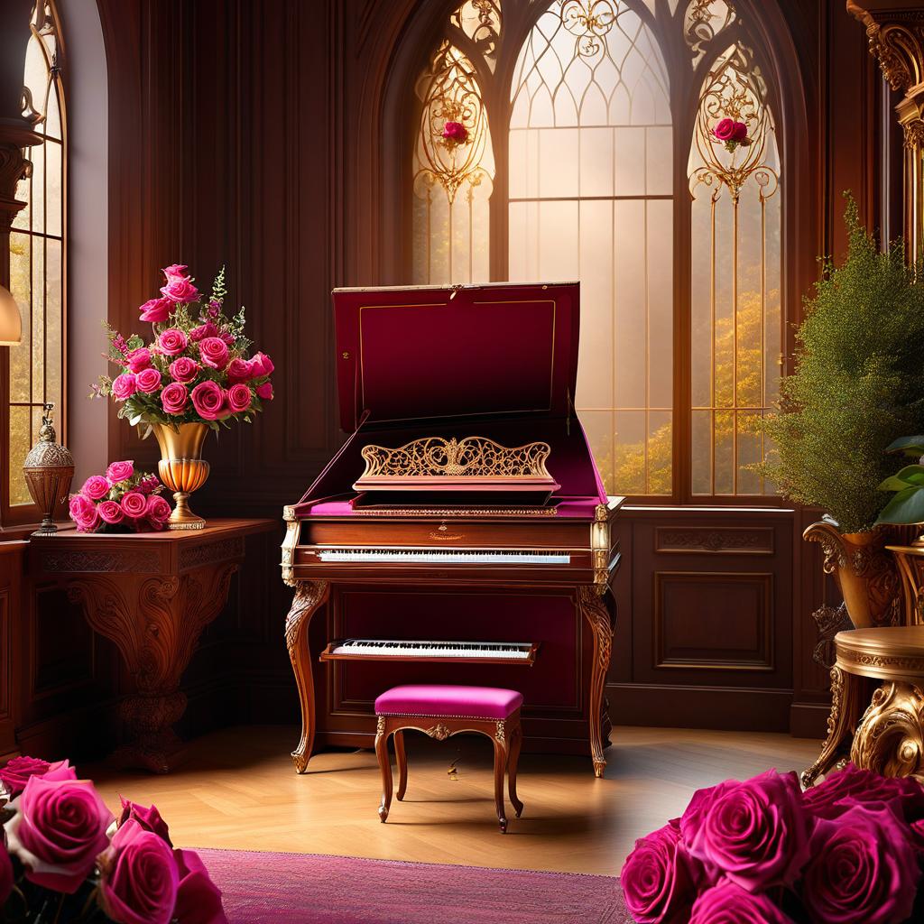  ethereal fantasy concept art of (Interior) An antique, elegant secretaire. On it are music sheets, a bouquet of pink and maroon roses, an antique violin and a bow. (Violin design): light beige in colour, inlaid with gold twisted patterns. The bow is silver with a golden cast. Style:fantasy. . magnificent, celestial, ethereal, painterly, epic, majestic, magical, fantasy art, cover art, dreamy hyperrealistic, full body, detailed clothing, highly detailed, cinematic lighting, stunningly beautiful, intricate, sharp focus, f/1. 8, 85mm, (centered image composition), (professionally color graded), ((bright soft diffused light)), volumetric fog, trending on instagram, trending on tumblr, HDR 4K, 8K