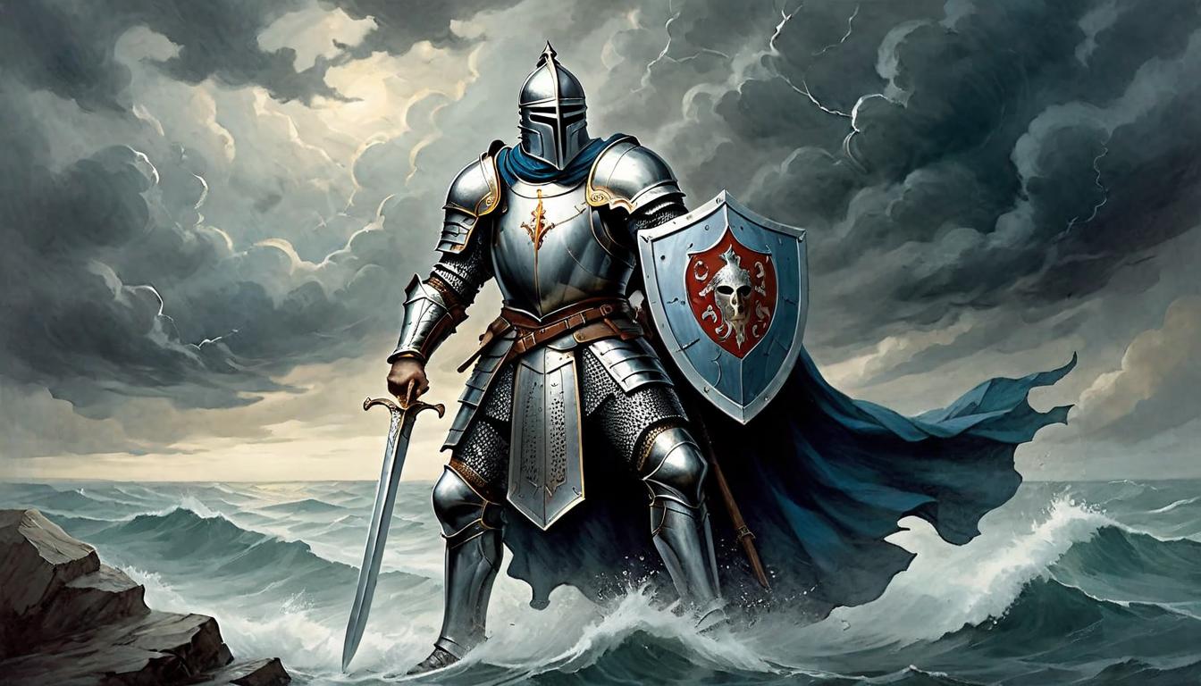  on parchment, surrealism+++, A steadfast knight standing tall amidst stormy weather, silver armor gleaming, shield held firm, eyes focused ahead, resilient stance, unwavering spirit(mysterious, provocative, symbolic,muted color)+++