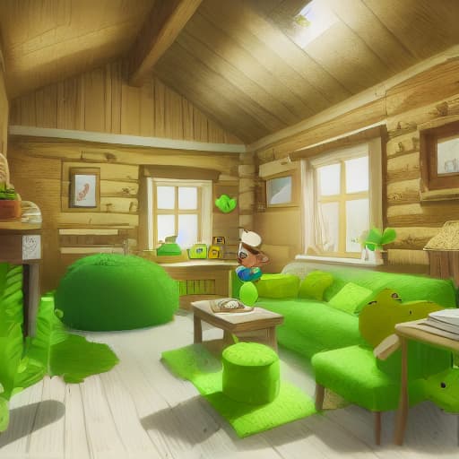  a boy with yellow hat and brown shirt and green pants, bear standing, in cabin