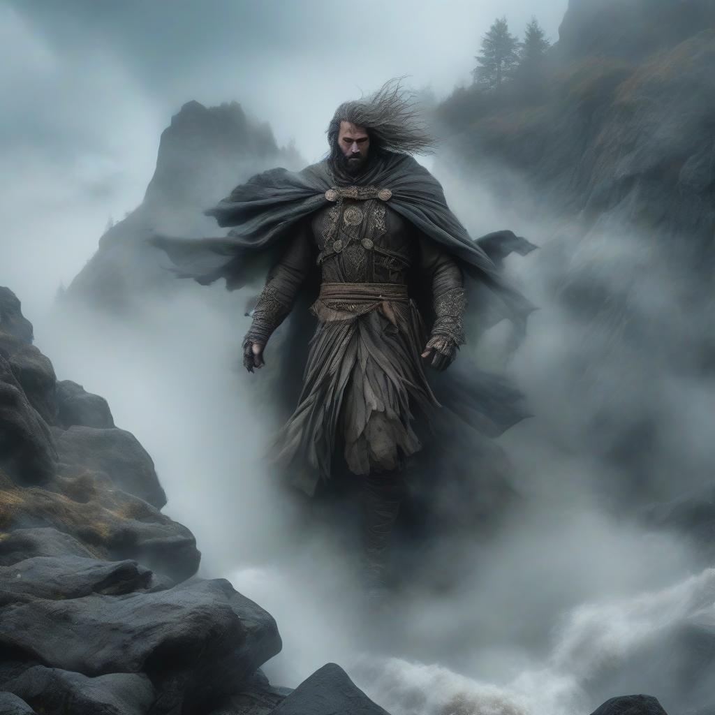  horror themed God of the land, a man is flying above the mist over the rocks, his hair and cloak fluttering in the wind, mystic. . eerie, unsettling, dark, spooky, suspenseful, grim, highly detailed hyperrealistic, full body, detailed clothing, highly detailed, cinematic lighting, stunningly beautiful, intricate, sharp focus, f/1. 8, 85mm, (centered image composition), (professionally color graded), ((bright soft diffused light)), volumetric fog, trending on instagram, trending on tumblr, HDR 4K, 8K