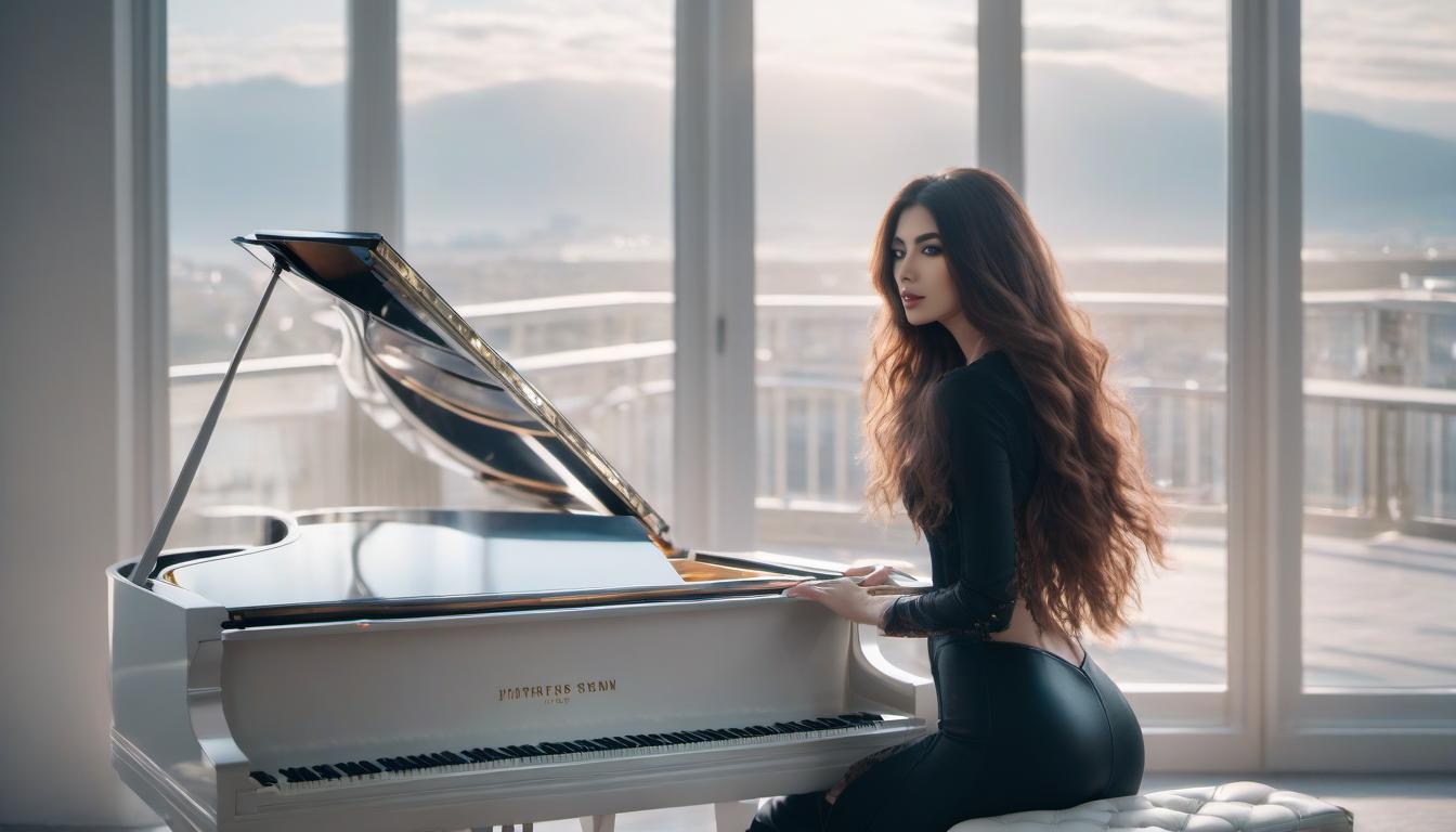  A long haired girl is playing on a white grand piano in front of a panoramic window. hyperrealistic, full body, detailed clothing, highly detailed, cinematic lighting, stunningly beautiful, intricate, sharp focus, f/1. 8, 85mm, (centered image composition), (professionally color graded), ((bright soft diffused light)), volumetric fog, trending on instagram, trending on tumblr, HDR 4K, 8K