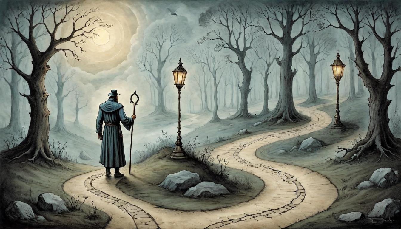  on parchment, surrealism+++, A lone figure at a fork in a winding path, lantern in hand casting light on a signpost marked with wisdom and folly, critical choice, guiding light, path of discernment.(mysterious, provocative, symbolic,muted color)+++