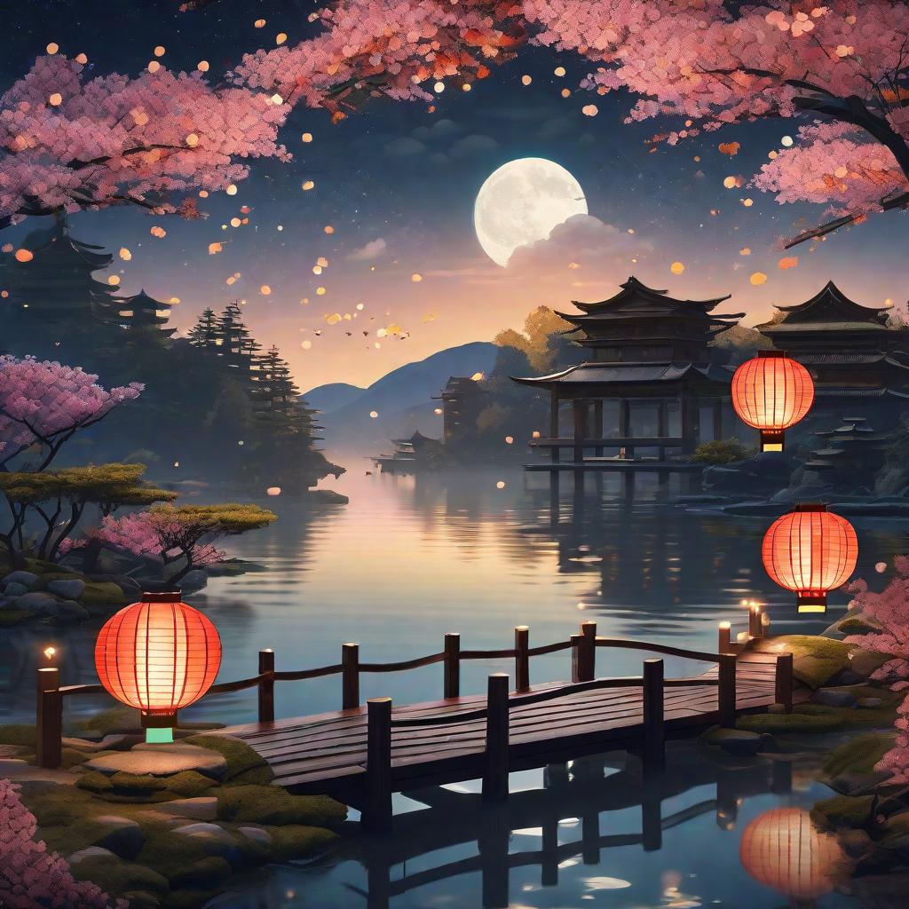  masterpiece, best quality, (Fidelity: 1.4), Best Quality, Masterpiece, Ultra High Resolution, 8k resolution, A night view inspired by Japanese art, featuring a garden illuminated by paper lanterns and a wooden bridge spanning a tranquil lake, by the lakeside, there is a small Zen temple. The water reflects the starry sky.