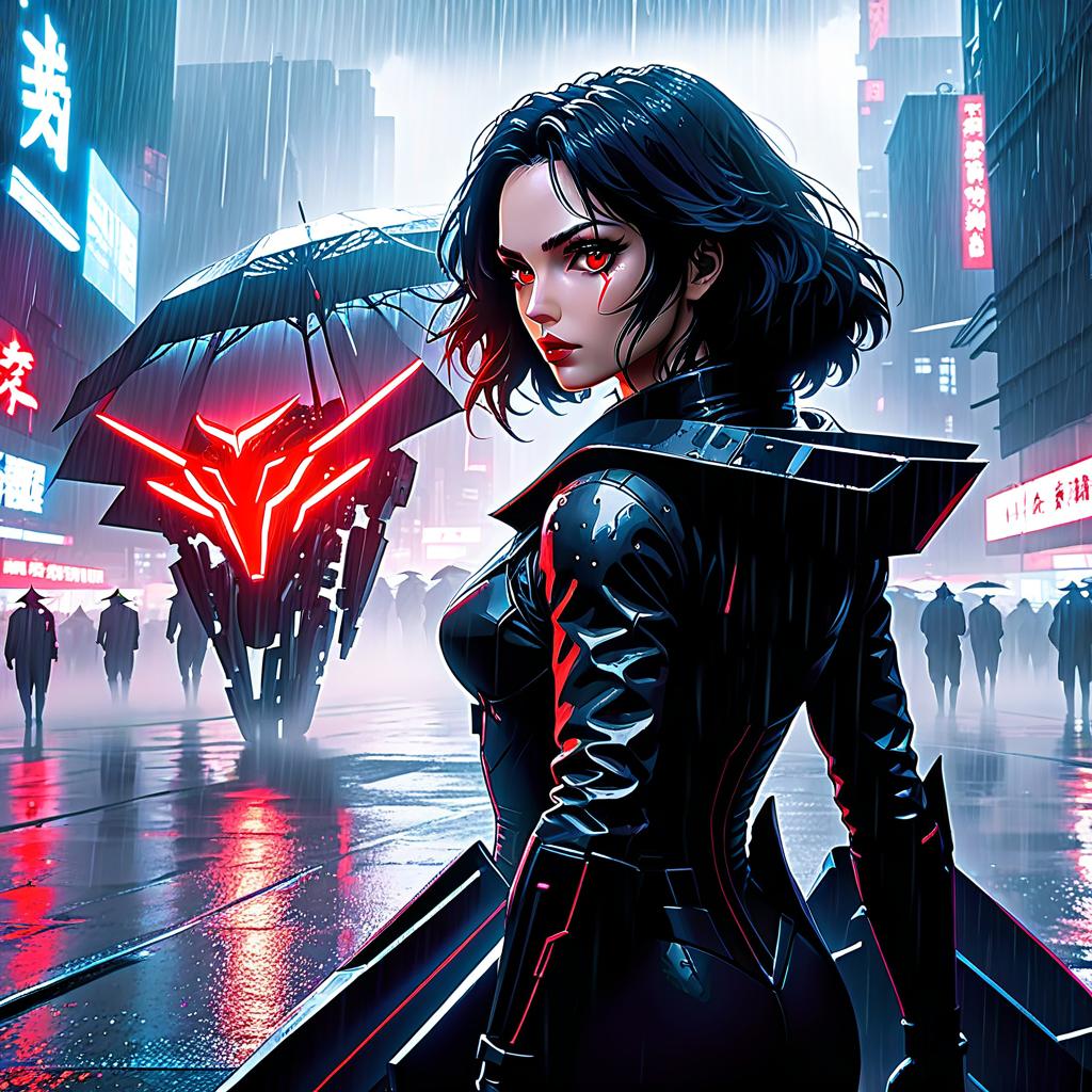  anime artwork a woman with red eyes standing in the rain, cyberpunk art, by Alena Aenami, gothic art, alita battle angel, 4 k detail fantasy, rossdraws and jazza, metal and glowing eyes, ufotable art style, square enix cinematic art, with a red eyes, gal gadot as hell lord, cortana, female protagonist 👀 :8i . anime style, key visual, vibrant, studio anime, highly detailed hyperrealistic, full body, detailed clothing, highly detailed, cinematic lighting, stunningly beautiful, intricate, sharp focus, f/1. 8, 85mm, (centered image composition), (professionally color graded), ((bright soft diffused light)), volumetric fog, trending on instagram, trending on tumblr, HDR 4K, 8K