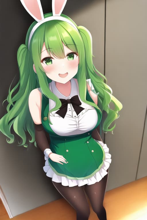  best quality, 1girl, (solo), standing, noodle hair, green hair, green eyes, light smile, medium, bunny girl costume, kitchen,