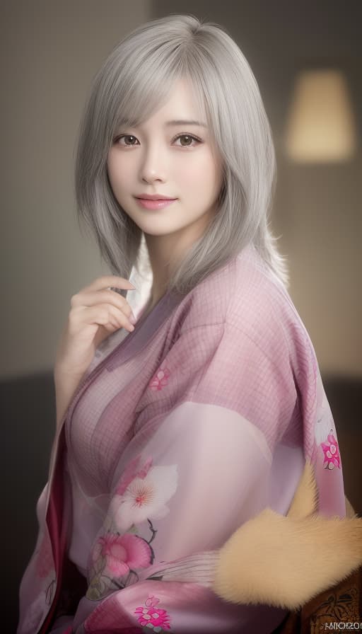  The kimono is large and the beautiful smile is attractive, J cup glossy hair shortcut light silver fascinating hair, (Masterpiece, BestQuality:1.3), (ultra detailed:1.2), (hyperrealistic:1.3), (RAW photo:1.2),High detail RAW color photo, professional photograph, (Photorealistic:1.4), (realistic:1.4), ,professional lighting, (japanese), beautiful face, (realistic face)