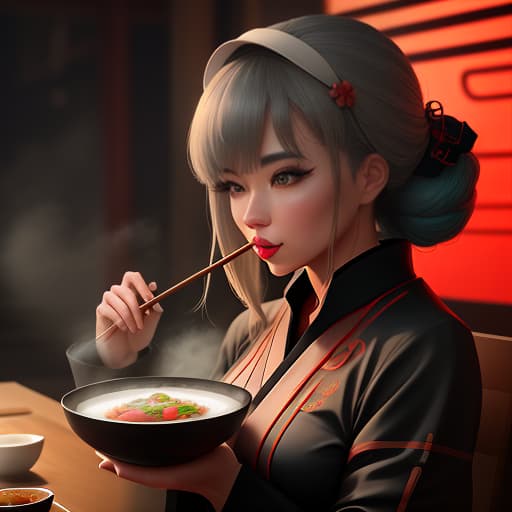  A girl in a wide angle shot is eating sushi with chopsticks, eating Japanese food, and swirling it in soy sauce. hyperrealistic, full body, detailed clothing, highly detailed, cinematic lighting, stunningly beautiful, intricate, sharp focus, f/1. 8, 85mm, (centered image composition), (professionally color graded), ((bright soft diffused light)), volumetric fog, trending on instagram, trending on tumblr, HDR 4K, 8K