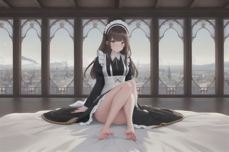  (score 9,score 8 up,score 7 up,),1girl,solo,maid,maid headdress,looking at viewer,apron,brown hair,indoors,black hair,bare foot,feet focus,two feet hyperrealistic, full body, detailed clothing, highly detailed, cinematic lighting, stunningly beautiful, intricate, sharp focus, f/1. 8, 85mm, (centered image composition), (professionally color graded), ((bright soft diffused light)), volumetric fog, trending on instagram, trending on tumblr, HDR 4K, 8K