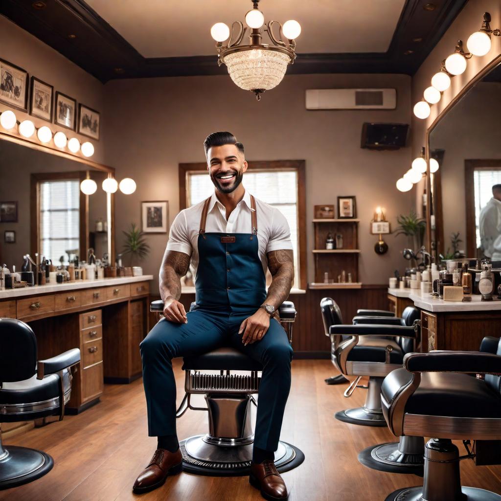  A man enjoying himself in a barbershop, getting a haircut and smiling with satisfaction. The barbershop setting is cozy and stylish, with vintage decor and a classic barber chair. The atmosphere is warm and inviting, with soft lighting and a few grooming products on display. The man has a modern hairstyle and is wearing a stylish outfit, exuding confidence and relaxation. hyperrealistic, full body, detailed clothing, highly detailed, cinematic lighting, stunningly beautiful, intricate, sharp focus, f/1. 8, 85mm, (centered image composition), (professionally color graded), ((bright soft diffused light)), volumetric fog, trending on instagram, trending on tumblr, HDR 4K, 8K