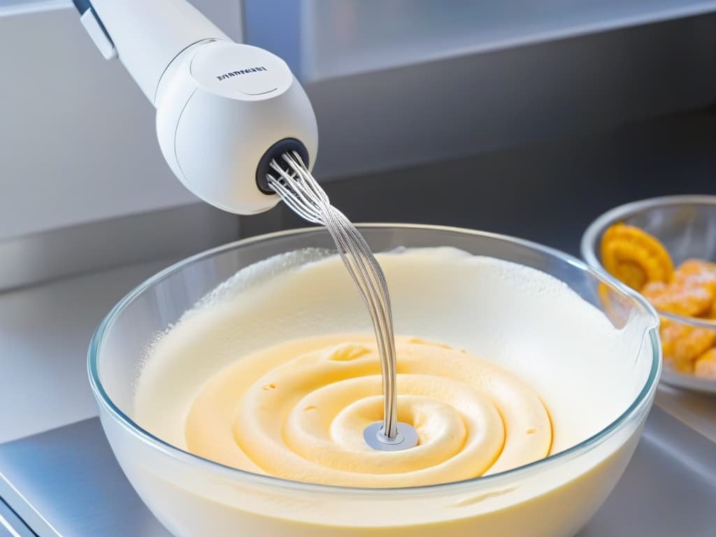  An ultradetailed closeup image of a sleek, modern robotic arm whisking a fluffy batter in a transparent mixing bowl. The robotic arm is intricately designed with metallic joints and digital displays, while the batter is perfectly aerated and glistening under the soft kitchen lights. The background is blurred to emphasize the futuristic yet minimalistic aesthetic of the robotic kitchen assistant. hyperrealistic, full body, detailed clothing, highly detailed, cinematic lighting, stunningly beautiful, intricate, sharp focus, f/1. 8, 85mm, (centered image composition), (professionally color graded), ((bright soft diffused light)), volumetric fog, trending on instagram, trending on tumblr, HDR 4K, 8K