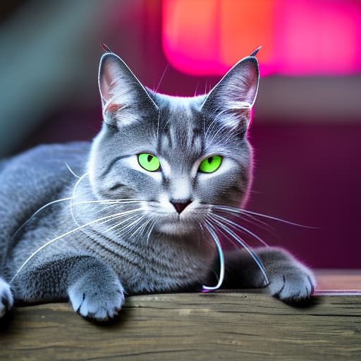 nvinkpunk grey cat in earphones hyperrealistic, full body, detailed clothing, highly detailed, cinematic lighting, stunningly beautiful, intricate, sharp focus, f/1. 8, 85mm, (centered image composition), (professionally color graded), ((bright soft diffused light)), volumetric fog, trending on instagram, trending on tumblr, HDR 4K, 8K