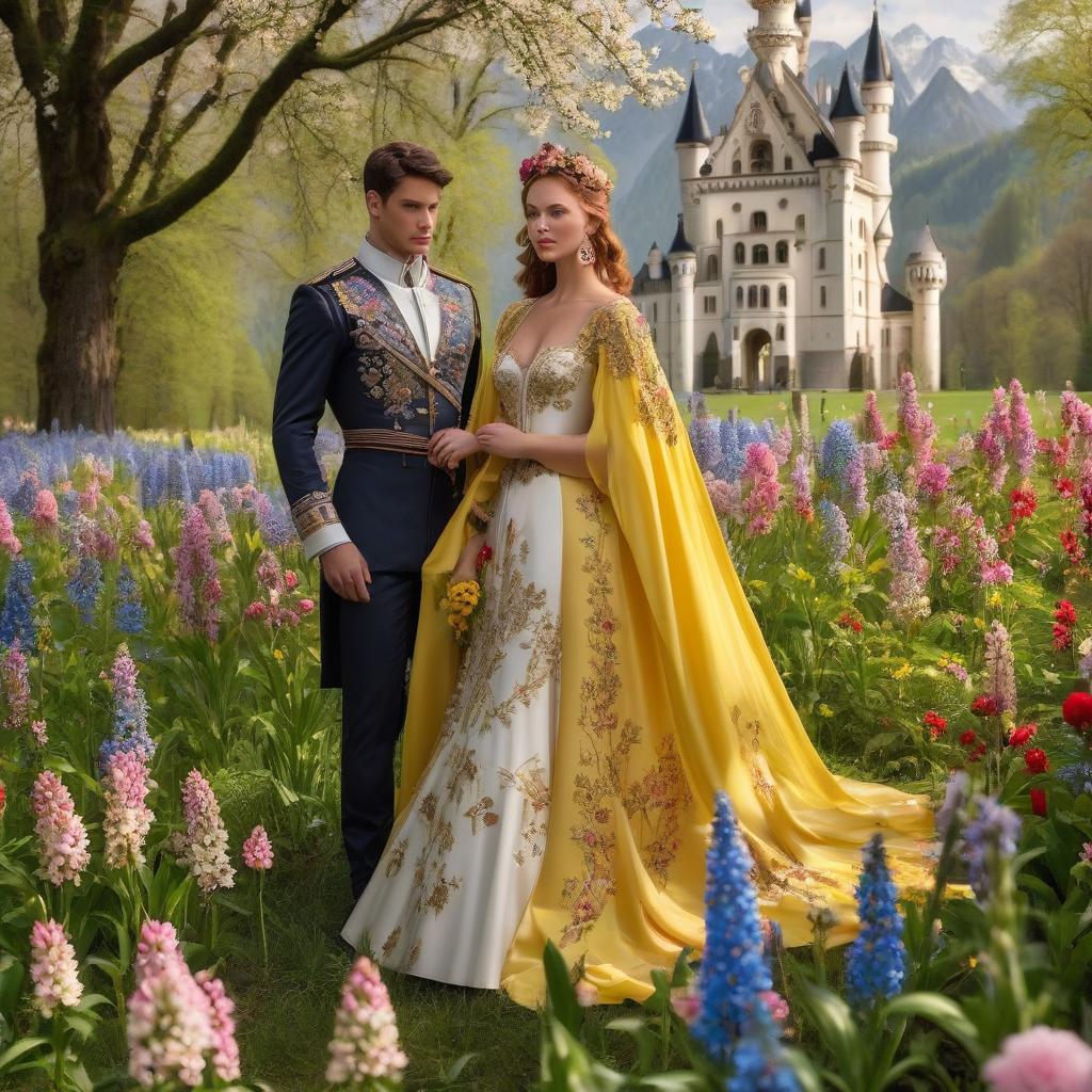  Neuschwanstein. ((Sparkling rim)): spring field, hyacinths, roses, rosehips, rose hips, peonies, cherry tree, yellow, red, black flowers, forget me nots. hyperrealistic, full body, detailed clothing, highly detailed, cinematic lighting, stunningly beautiful, intricate, sharp focus, f/1. 8, 85mm, (centered image composition), (professionally color graded), ((bright soft diffused light)), volumetric fog, trending on instagram, trending on tumblr, HDR 4K, 8K