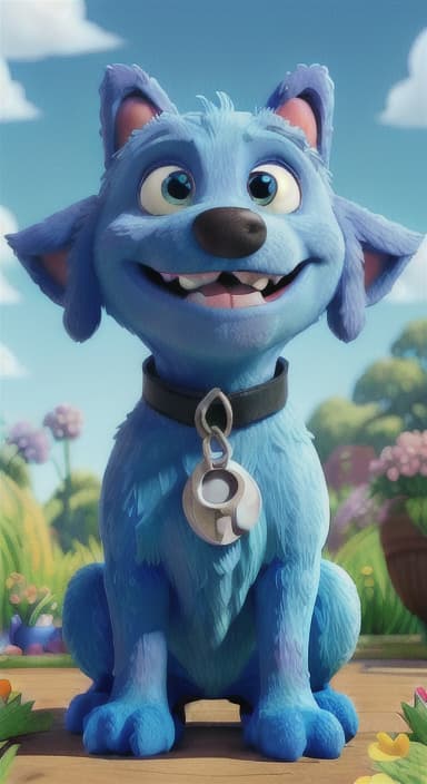  {Max carefully picking up the ball with his teeth without disturbing the flowers, The big blue dog is large with sky blue fur, big round eyes, a black nose, and floppy ears.