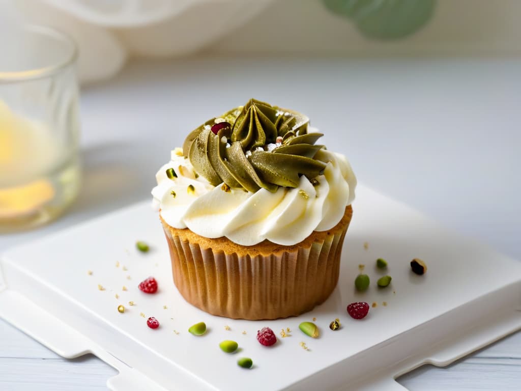  A closeup, ultradetailed image of a perfectly goldenbrown sugarfree cupcake with a swirl of lowcarb cream cheese frosting, topped with a single fresh raspberry and a sprinkling of finely chopped pistachios, all set on a sleek, modern white plate against a softfocus background of a kitchen with clean, minimalist lines. hyperrealistic, full body, detailed clothing, highly detailed, cinematic lighting, stunningly beautiful, intricate, sharp focus, f/1. 8, 85mm, (centered image composition), (professionally color graded), ((bright soft diffused light)), volumetric fog, trending on instagram, trending on tumblr, HDR 4K, 8K