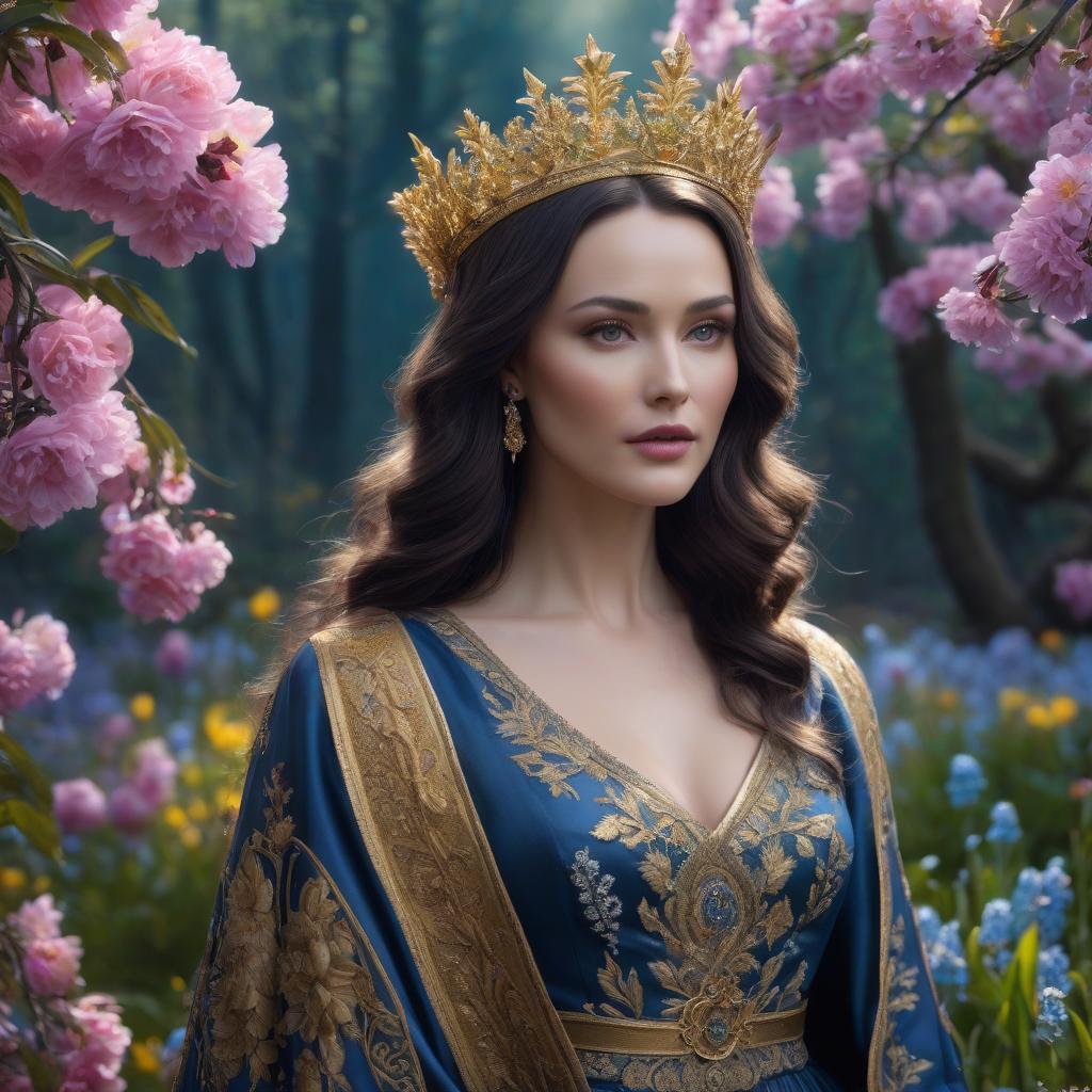  Luthien Tinuviel. A very pretty girl. Forest, silver crown on her forehead, blue coat. ((Sparkling rim)): spring field, hyacinths, roses, rosehips, rose hips, peonies, cherry tree, yellow, red, black flowers, forget me nots. hyperrealistic, full body, detailed clothing, highly detailed, cinematic lighting, stunningly beautiful, intricate, sharp focus, f/1. 8, 85mm, (centered image composition), (professionally color graded), ((bright soft diffused light)), volumetric fog, trending on instagram, trending on tumblr, HDR 4K, 8K