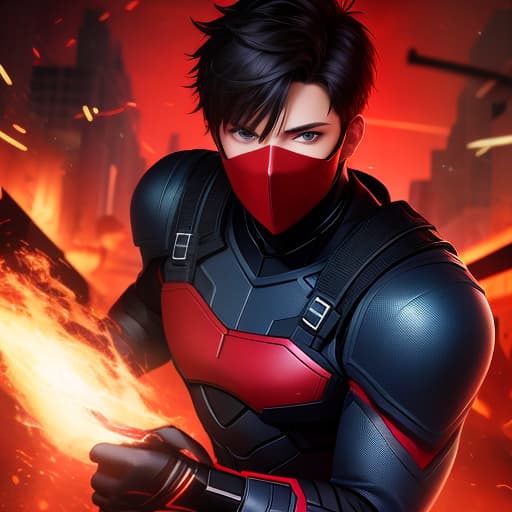  young male, medium hight, short black hair, blue eyes, thin toned body, superhero, fire powers, black and red suit with a mask, ((best quality)), ((masterpiece)), highly detailed, absurdres, HDR 4K, 8K