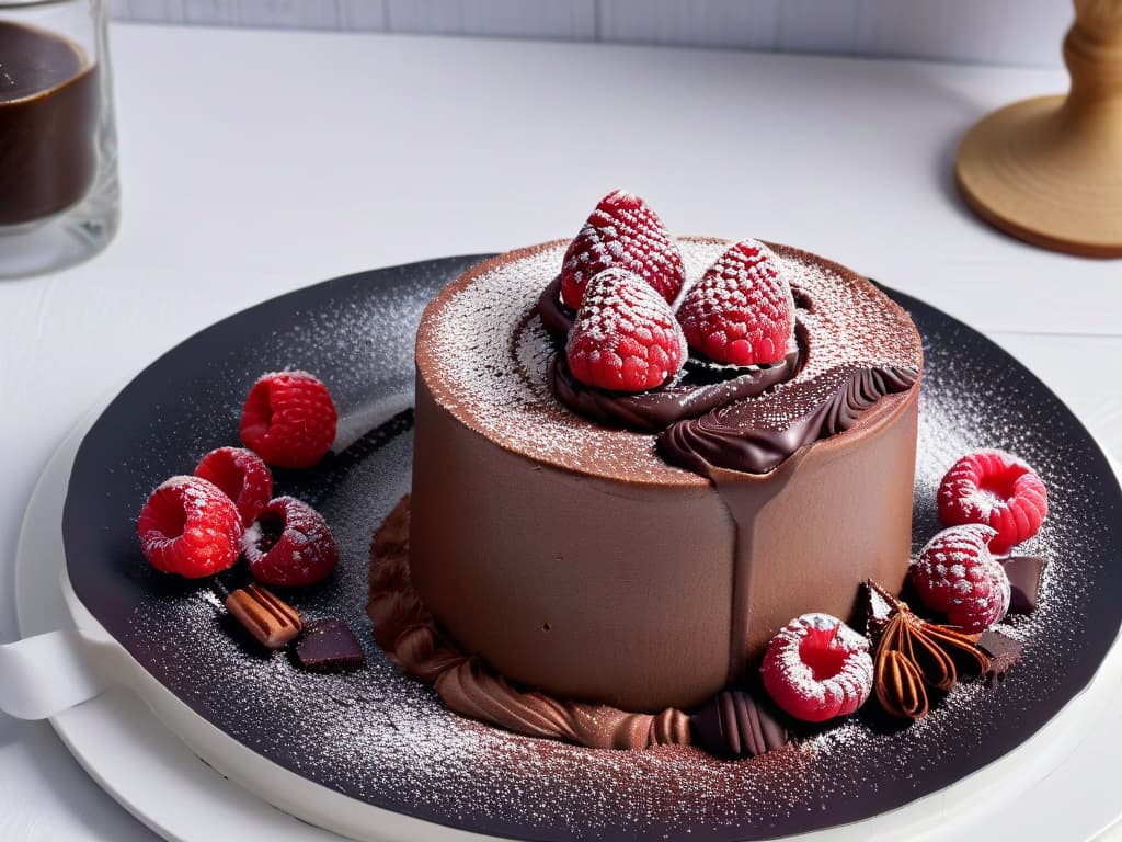  A closeup, ultradetailed image of a decadent sugarfree chocolate mousse topped with raspberries and a dusting of cocoa powder, presented elegantly on a sleek, modern white dessert plate. The rich texture of the mousse glistens under soft lighting, emphasizing its velvety smoothness and inviting presentation. The vibrant red raspberries pop against the dark chocolate backdrop, creating a visually stunning and mouthwatering image that conveys both indulgence and healthconsciousness. hyperrealistic, full body, detailed clothing, highly detailed, cinematic lighting, stunningly beautiful, intricate, sharp focus, f/1. 8, 85mm, (centered image composition), (professionally color graded), ((bright soft diffused light)), volumetric fog, trending on instagram, trending on tumblr, HDR 4K, 8K