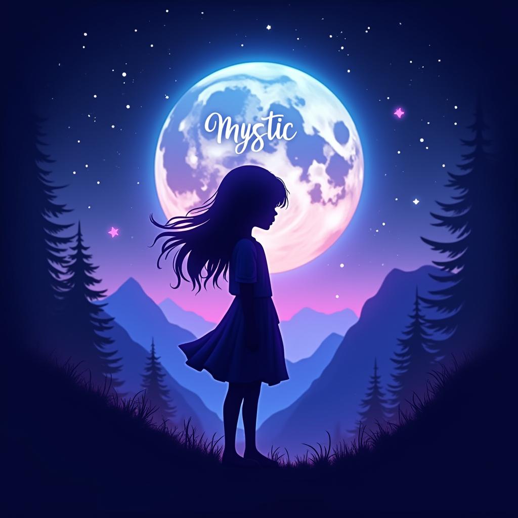  good quality, high quality, a cute girl in a silhouette with flowing hair, wearing a simple dress, standing in front of a glowing, mystical moon. the scene includes stylized mountains and a vibrant night sky with twinkling stars. the word "mystic" is displayed in a stylish, neon like font at the center of the image. the overall design has a clean, modern aesthetic with shades of blue, purple, and neon accents, perfect for a graphic designer's profile picture.