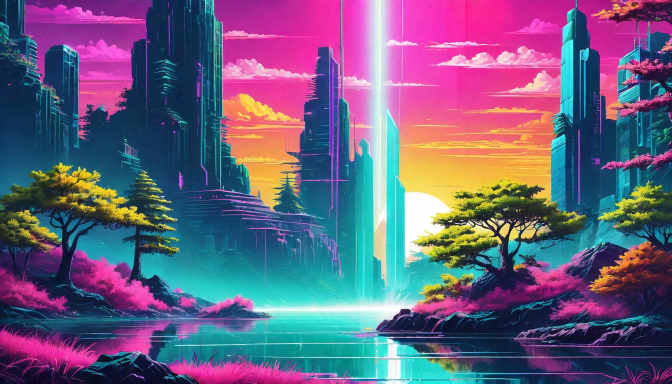  vaporwave,cyberpunk game style A single, sturdy oak standing guard at the edge of a serene lake, roots deeply embedded in the earth. Sturdy Oak, protective stance, tranquil waters, reflection of self reliance, embodiment of strengtheon, dystopian, futuristic, digital, vibrant, detailed, high contrast, reminiscent of cyberpunk genre video games,retro aesthetic, cyberpunk, vibrant, neon colors, vintage 80s and 90s style, highly detailed