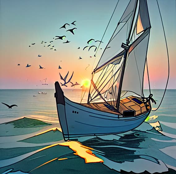  A hand-drawn sailboat circled by birds on the sea at sunrise