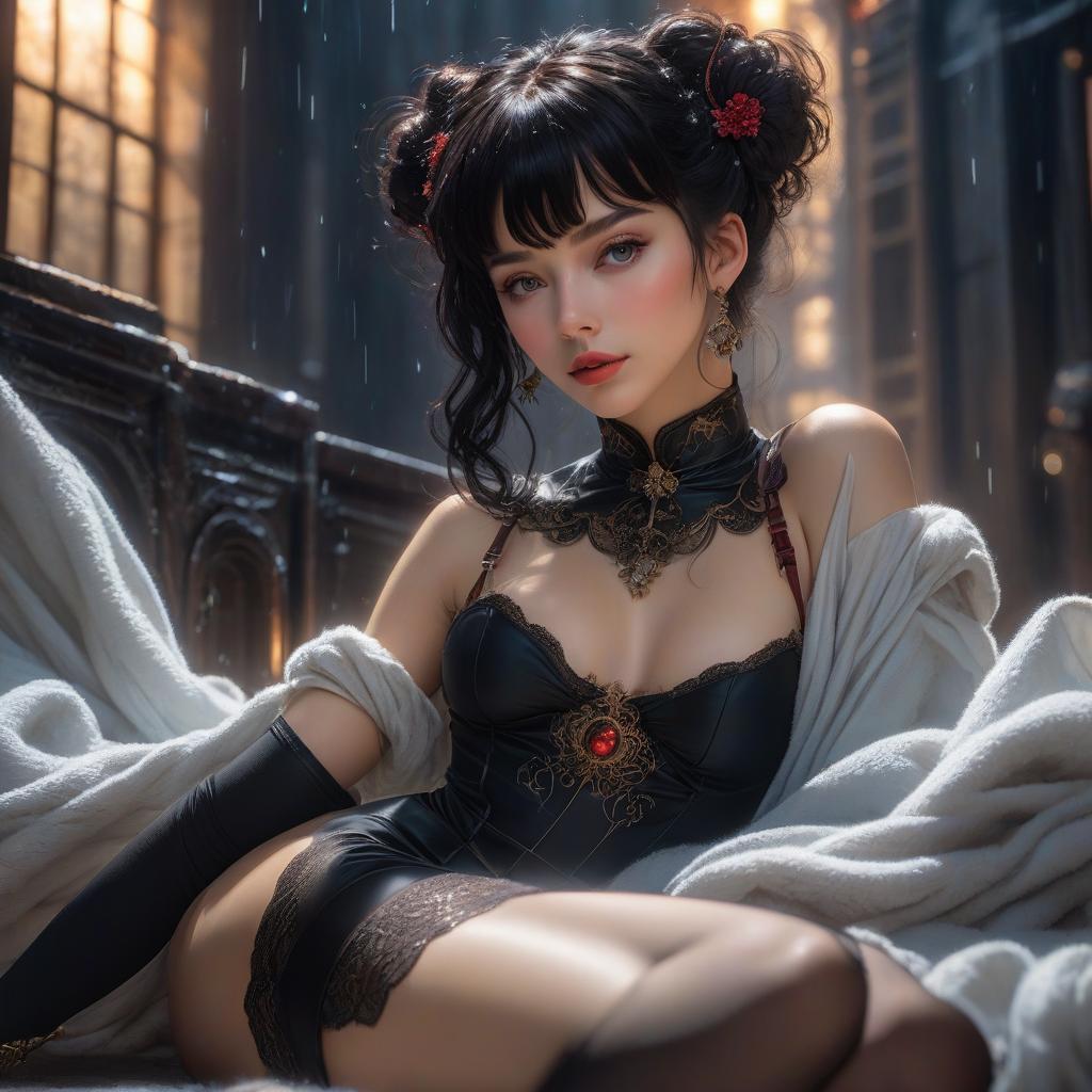  space themed Anime, painting by Ilya Repin, drawing by Diego Dyer, photography, drawing by Egon Schiele, 4K, young humanoid elf, negligee, hair gathered in a bun, very beautiful, bare s, on her , short hair, black straight bangs, outside, night, rain, full body, eyes closed, mouth slightly ajar, long earrings, stockings with garters, , many details, highly detailed image, photorealism, provocation, black stockings, bare s, sweet , model, beautiful body, pleasant pain, sweet moan, rapid breathing, agony, very beautiful, There is a castle in the background. . cosmic, celestial, stars, galaxies, nebulas, planets, science fiction, highly detailed hyperrealistic, full body, detailed clothing, highly detailed, cinematic lighting, stunningly beautiful, intricate, sharp focus, f/1. 8, 85mm, (centered image composition), (professionally color graded), ((bright soft diffused light)), volumetric fog, trending on instagram, trending on tumblr, HDR 4K, 8K