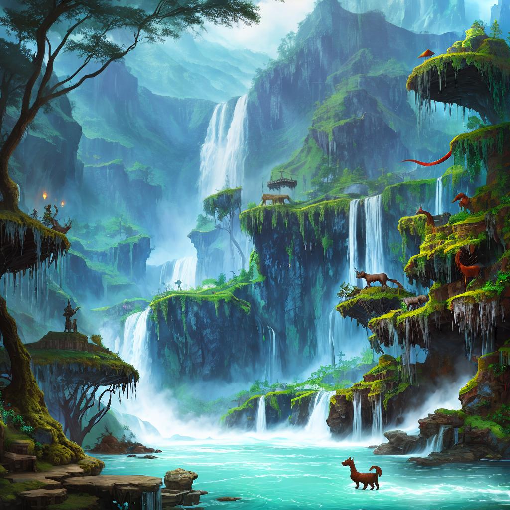  in a fantasy setting, Paint a surreal landscape where mythical beasts roam amidst cascading waterfalls.