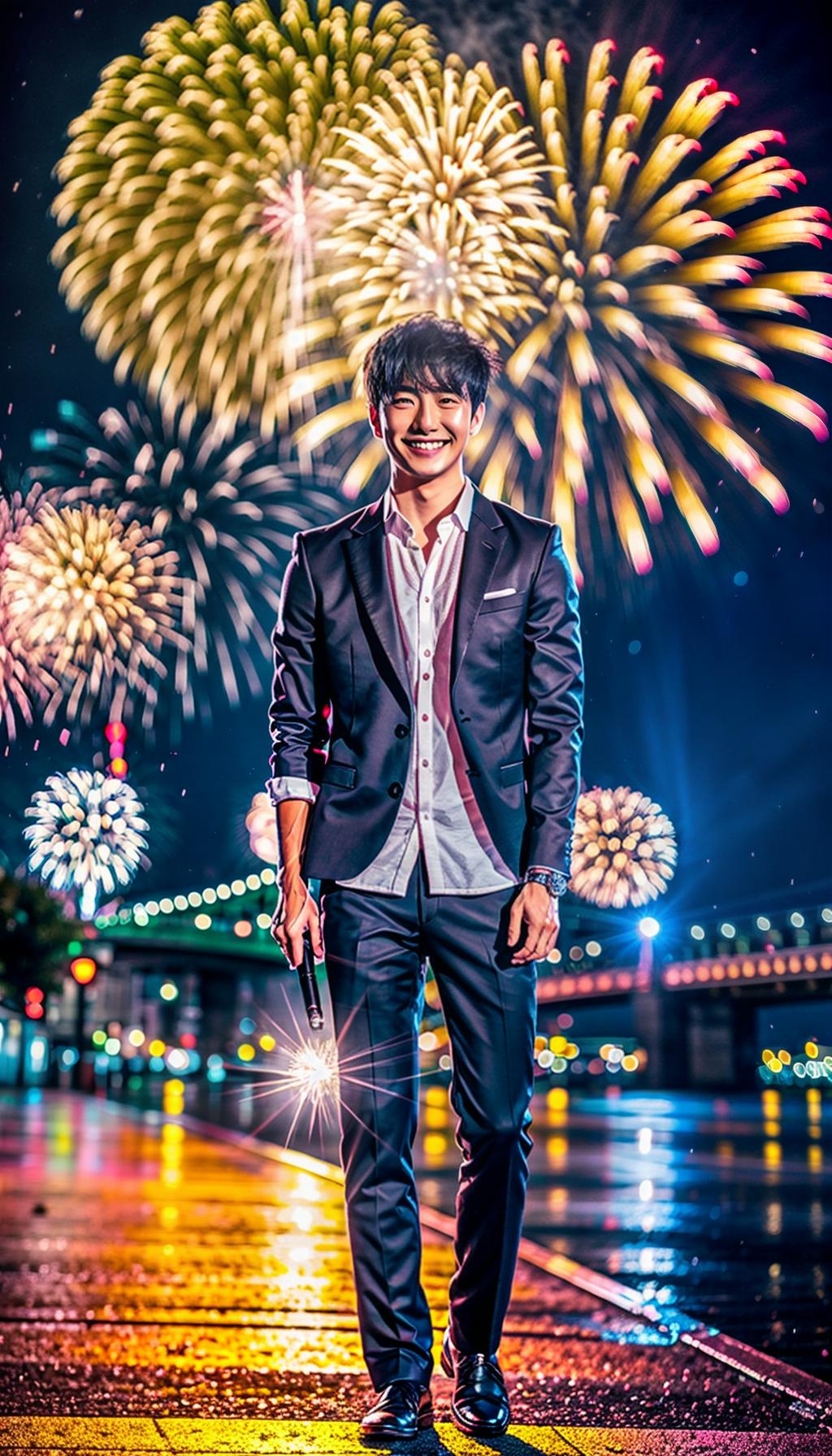  Photorealistic, a Japanese boy, young, smiling, fireworks on background, night, summer, hyperrealistic, full body, detailed clothing, highly detailed, cinematic lighting, stunningly beautiful, intricate, sharp focus, f/1. 8, 85mm, (centered image composition), (professionally color graded), ((bright soft diffused light)), volumetric fog, trending on instagram, trending on tumblr, HDR 4K, 8K